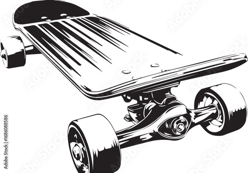 Skateboard Isolated: A sleek and stylish skateboard, rendered in monochrome, showcases the clean lines and dynamic design of a modern deck, ready for action.