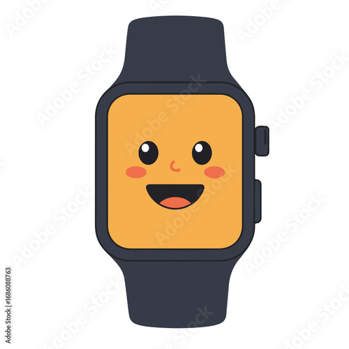 A smartwatch cartoon with an orange face eyes a curved nose and an open mouth