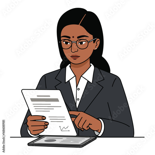 A woman in a suit wearing glasses reviews a document