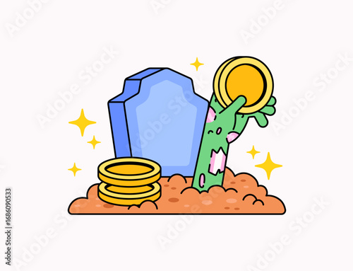 Zombie hand holding gold coin cartoon vector illustration
