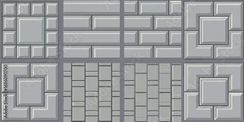 Seamless pattern of grey stone blocks and paving stones in various geometric arrangements