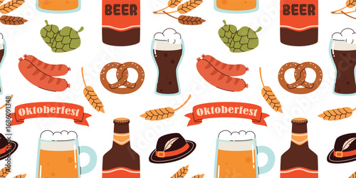 Seamless pattern with Oktoberfest elements. Traditional beer festival. Beer glasses, wheat, hops, hat, bottle. Flat vector illustration.