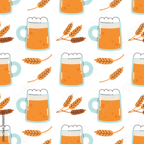 Seamless pattern with beer glasses and wheat. Traditional beer festival. Flat vector illustration.
