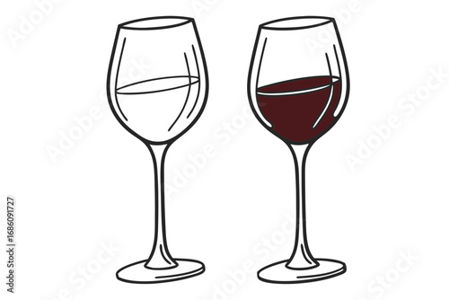 Two wine glasses one empty one with red wine empty glass
