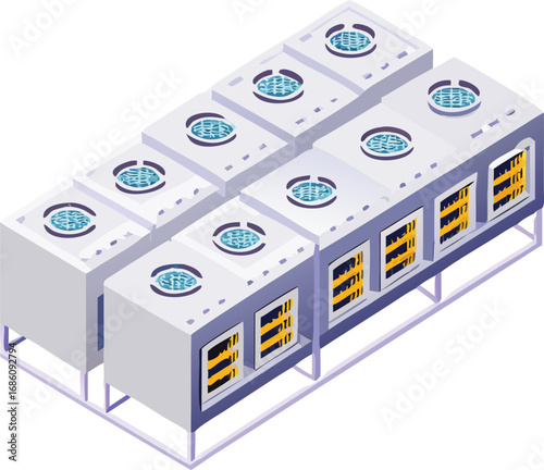 A group of four cooling units illuminated by blue lights, arranged in a row against a neutral background.