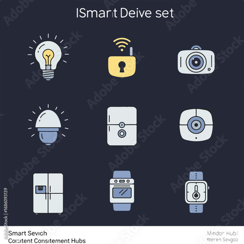 ISmart Deive set Nine smart home device icons on a dark blue background
