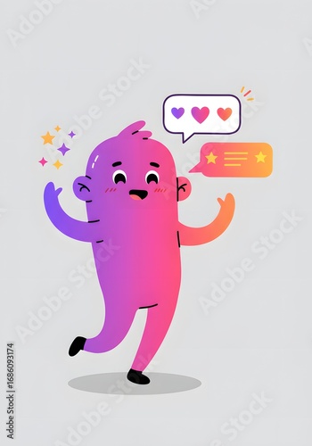 Cute Character with Hearts and Stars Feedback, Vector Illustration