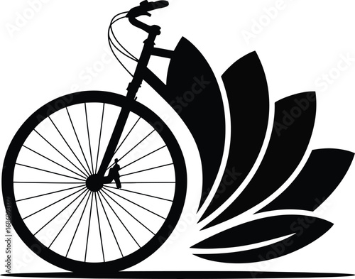 Stylized bicycle wheel with blooming petal leaves silhouette