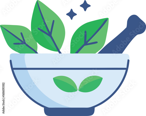 A bowl filled with fresh herbs beside a traditional mortar for grinding and mixing ingredients.