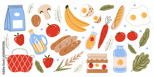 A vibrant collection of fresh food items and groceries arranged in a playful illustrative style