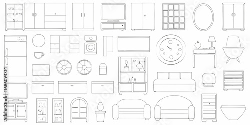 Collection of hand drawn furniture and home decor items in a simple outline style