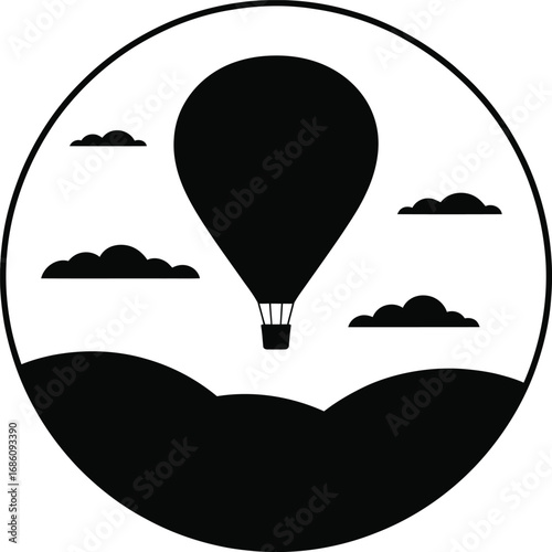 Colorful hot air balloons floating in a blue sky silhouette