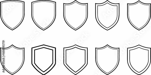 Collection of ten different shield shapes with double line borders on a white background