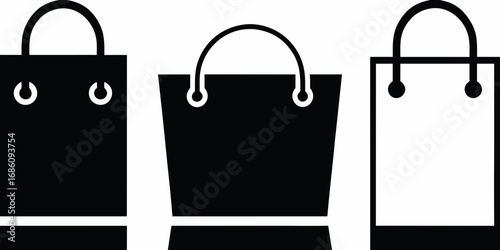 Three simple black and white shopping bag icons with handles on a white background