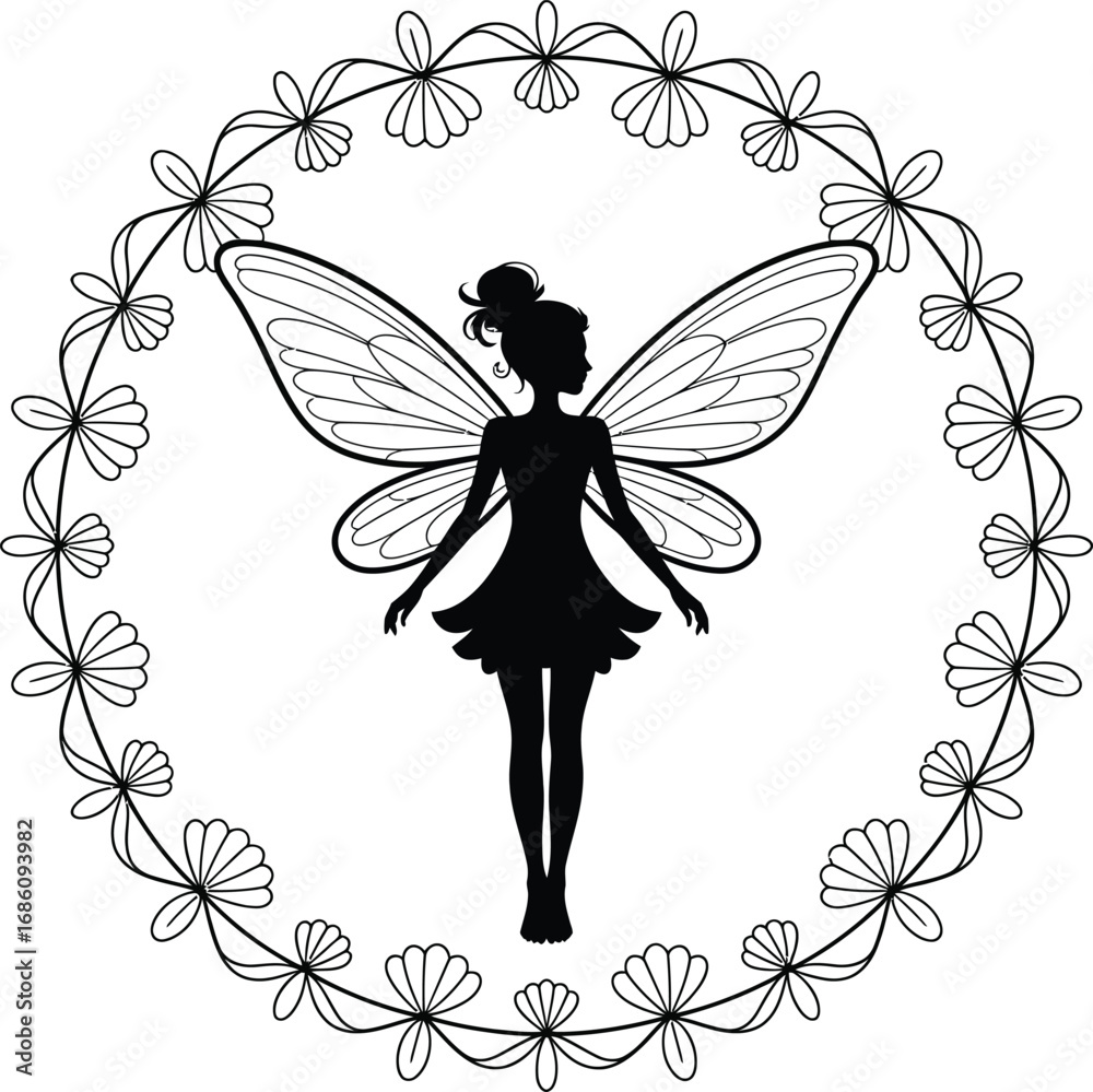 Fototapeta premium Enchanting fairy holding flower in a decorative circle frame silhouette
