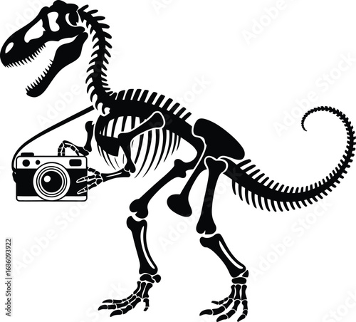 Dinosaur skeleton holding a camera silhouette design