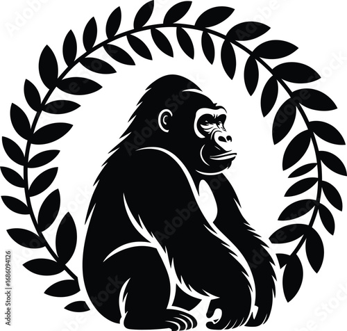 Gorilla sitting inside a detailed leaf wreath silhouette
