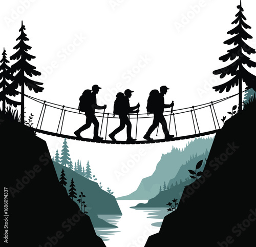 Hikers crossing a suspension bridge in a mountain landscape silhouette