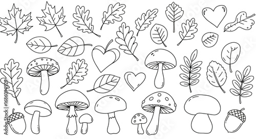 a collection of black-and-white line art illustrations of autumn-themed elementsed