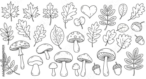 a collection of black-and-white line art illustrations of autumn-themed elementsed
