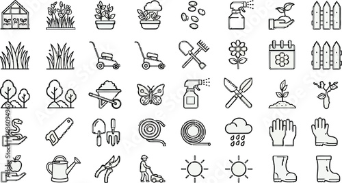 Essential gardening icons and tools for cultivation, growth, and outdoor maintenance projects