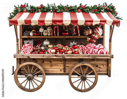  Christmas Market Cart with Candy Canes and Toys, Top-Down Angle, Transparent PNG