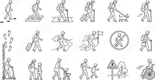 Diverse individuals walking, hiking, and traveling with luggage and pets, plus a wheelchair user.