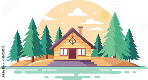 A house on a small island, encircled by lush green trees, creating a serene and picturesque landscape.