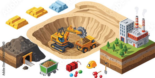Dynamic mining operation showcases excavators, trucks, gold, and processing plant for industry growth