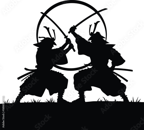 Two samurai warriors engaged in a fierce sword fight silhouette