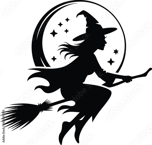 Mysterious witch flying on a broomstick silhouette