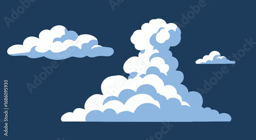 A vector illustration depicts fluffy white cumulus clouds floating peacefully in a deep blue sky, creating a serene and airy atmosphere, perfect for graphic design.