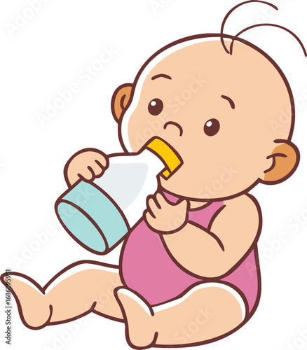 A baby happily drinks milk from a bottle, cradled in their hands, with a content expression on their face.