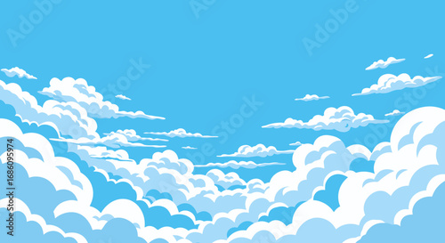 A serene vector illustration of a bright blue sky filled with fluffy white clouds, creating a peaceful and inviting atmosphere, ideal for backgrounds.