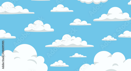 A vibrant vector illustration showcasing a bright blue sky filled with fluffy, white cartoon clouds, perfect for adding a cheerful and airy feel to any design project or background.