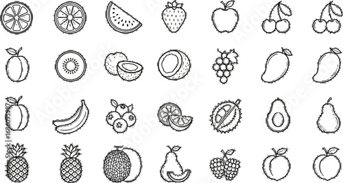 Vibrant collection of hand-drawn fruit icons brings freshness and natural appeal to any design project
