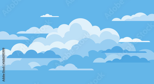 Vibrant blue sky filled with fluffy white and blue clouds, rendered in a clean, modern vector illustration style with a flat design aesthetic.