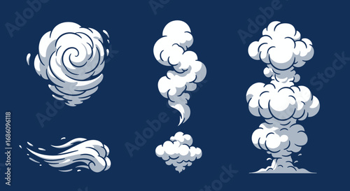 A diverse set of cartoon vector smoke and cloud effects, featuring swirling vapor, rising plumes, and explosive dust, perfect for creative graphic design.