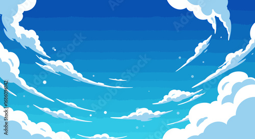 A bright blue sky with fluffy white clouds drifting across the horizon, creating a serene and peaceful atmosphere, perfect for backgrounds and designs.