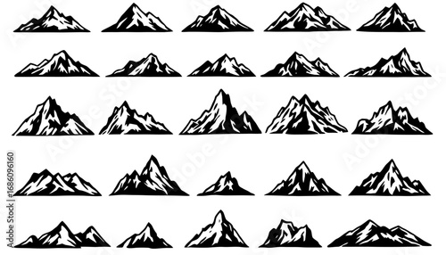 Collection of diverse mountain range silhouettes, rendered in a graphic vector style with a clear sky background for versatile design applications.