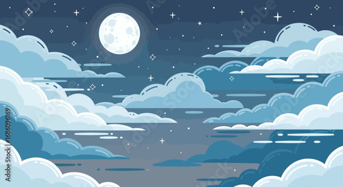 Stylized night sky with a full moon, twinkling stars, and soft, layered clouds creating a dreamy, serene atmosphere for graphic design.