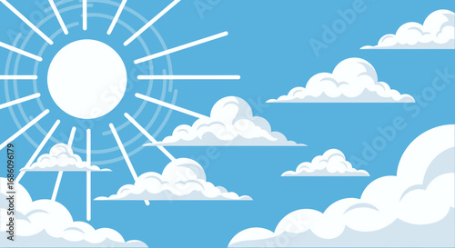 Bright sun with radiating rays shines in a clear blue sky filled with fluffy white clouds, creating a vibrant and airy atmosphere.