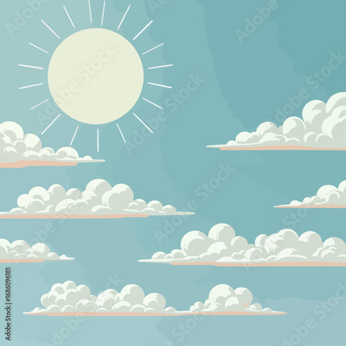Sunny day vector illustration featuring a bright sun and fluffy white clouds against a pale blue sky, perfect for various design projects needing a cheerful, summery background.