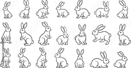 Charming collection of diverse bunny poses for delightful spring and Easter designs