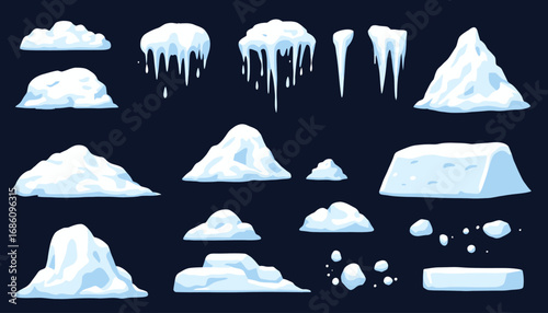 A diverse set of isolated snowdrifts, ice caps, and sharp icicles rendered in a clean vector style, ideal for winter season graphic design projects.