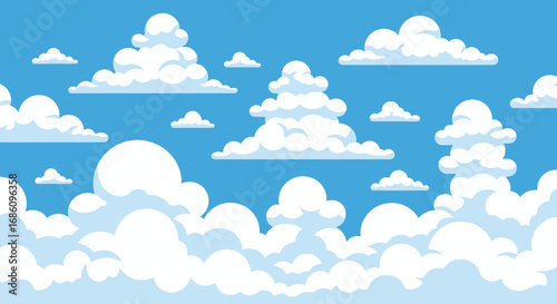 A vibrant, seamless vector illustration of fluffy white clouds drifting across a clear blue sky, perfect for backgrounds.