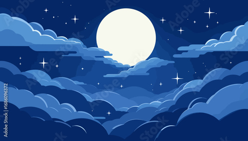 A captivating vector illustration depicts a serene night sky filled with fluffy clouds, a radiant full moon, and twinkling stars, perfect for various design projects and backgrounds.
