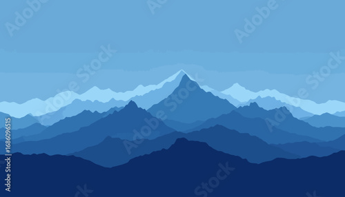 Vector illustration of a majestic mountain range under a clear blue sky, perfect for backgrounds or design projects needing a serene landscape, available as a high-resolution PNG.