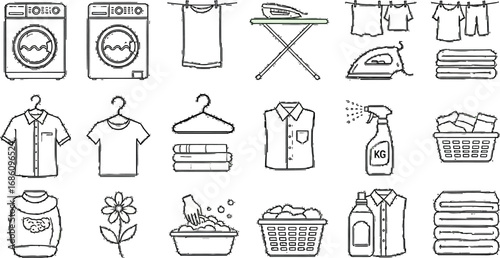 Modern laundry icons capture washing, ironing, and drying clothes for clean living and home care.