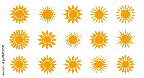 A collection of sun icons in various styles, radiating warmth and energy, perfect for adding a bright and cheerful touch to any design project on a clear sky.